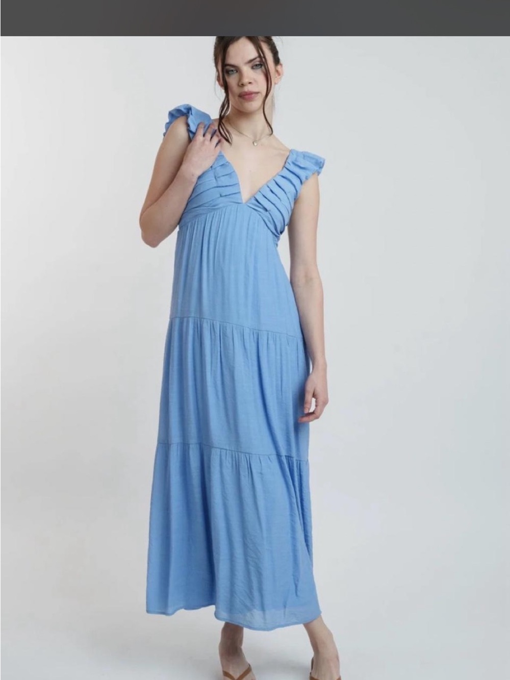 Light Blue Ruffled V-Neck Maxi Dress
